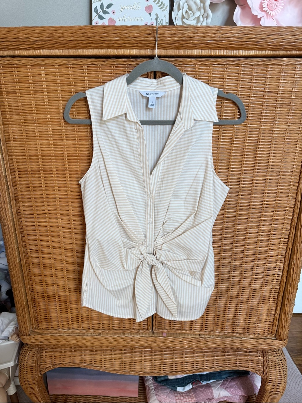 Nine West Cream and Tan Striped Button-Front Tie-Front Sleeveless Shirt